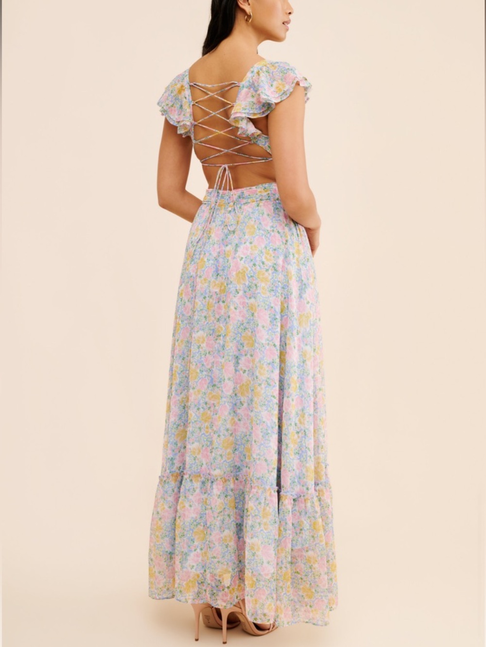 Astr - Prim Rose Cut Out Pastel Floral Cutout Midi Dress in Pink, Yellow & Blue - Picture 2 of 6